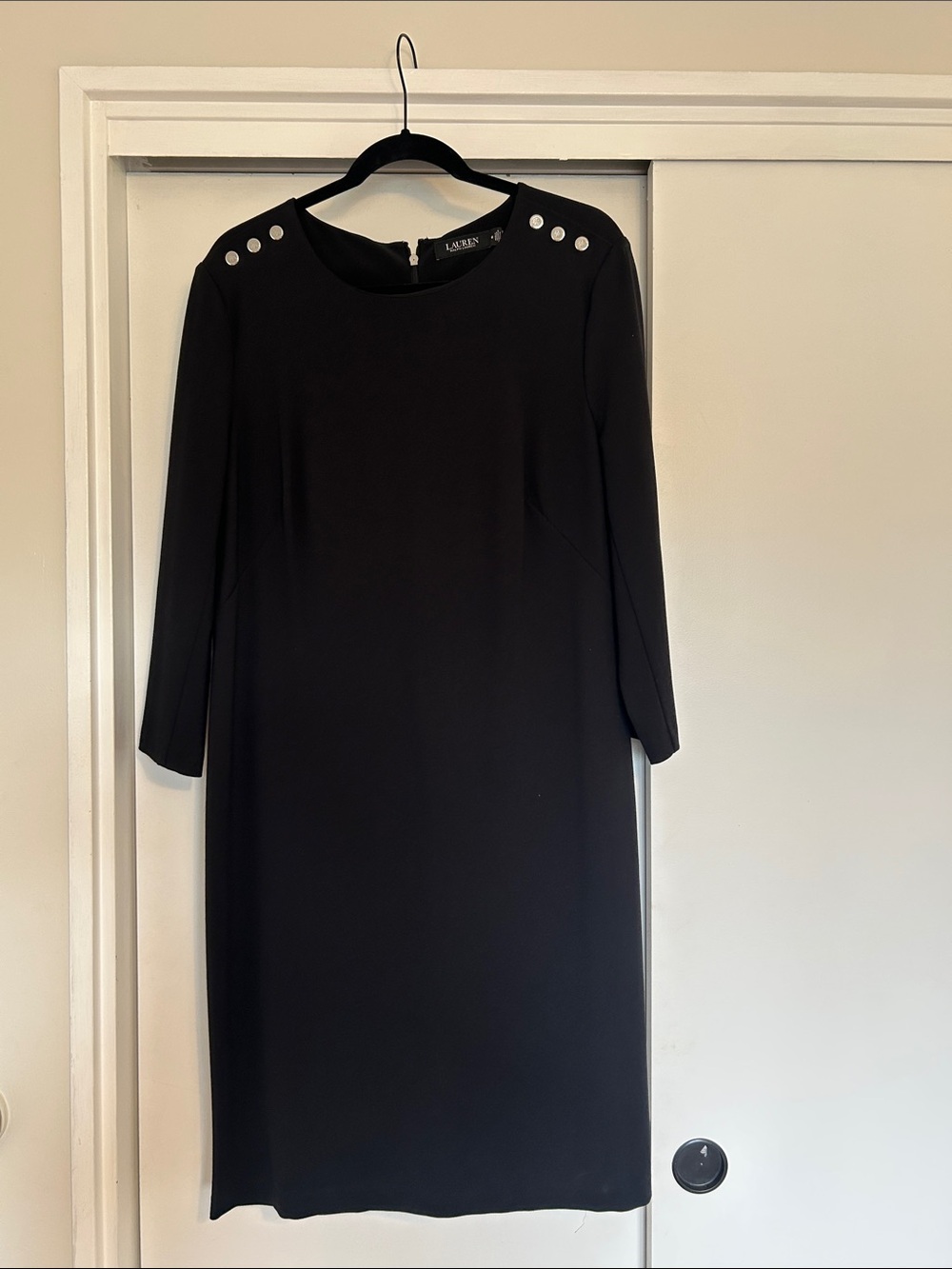 Lauren Ralph Lauren Black Long-Sleeve Sheath Dress with Silver Shoulder Buttons